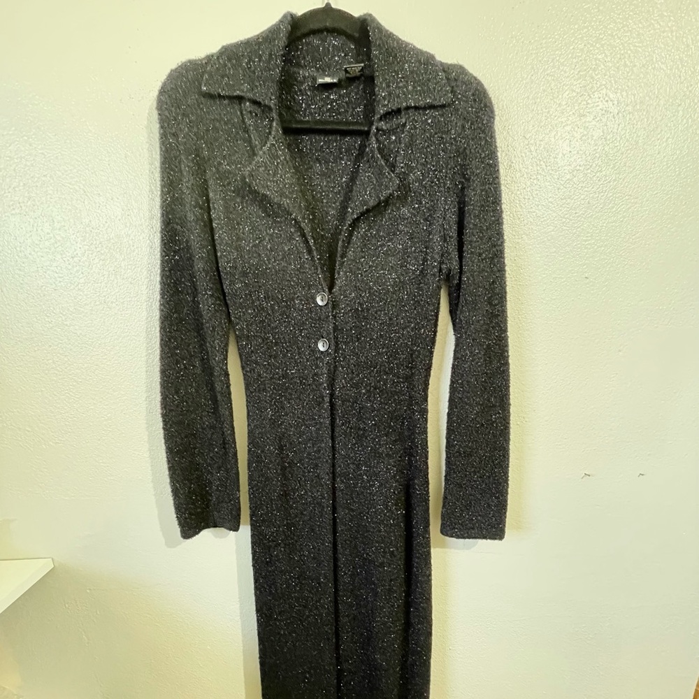 Black Longline Cardigan Small  Button Shimmer Knit Dark Romantic Vtg Formula X